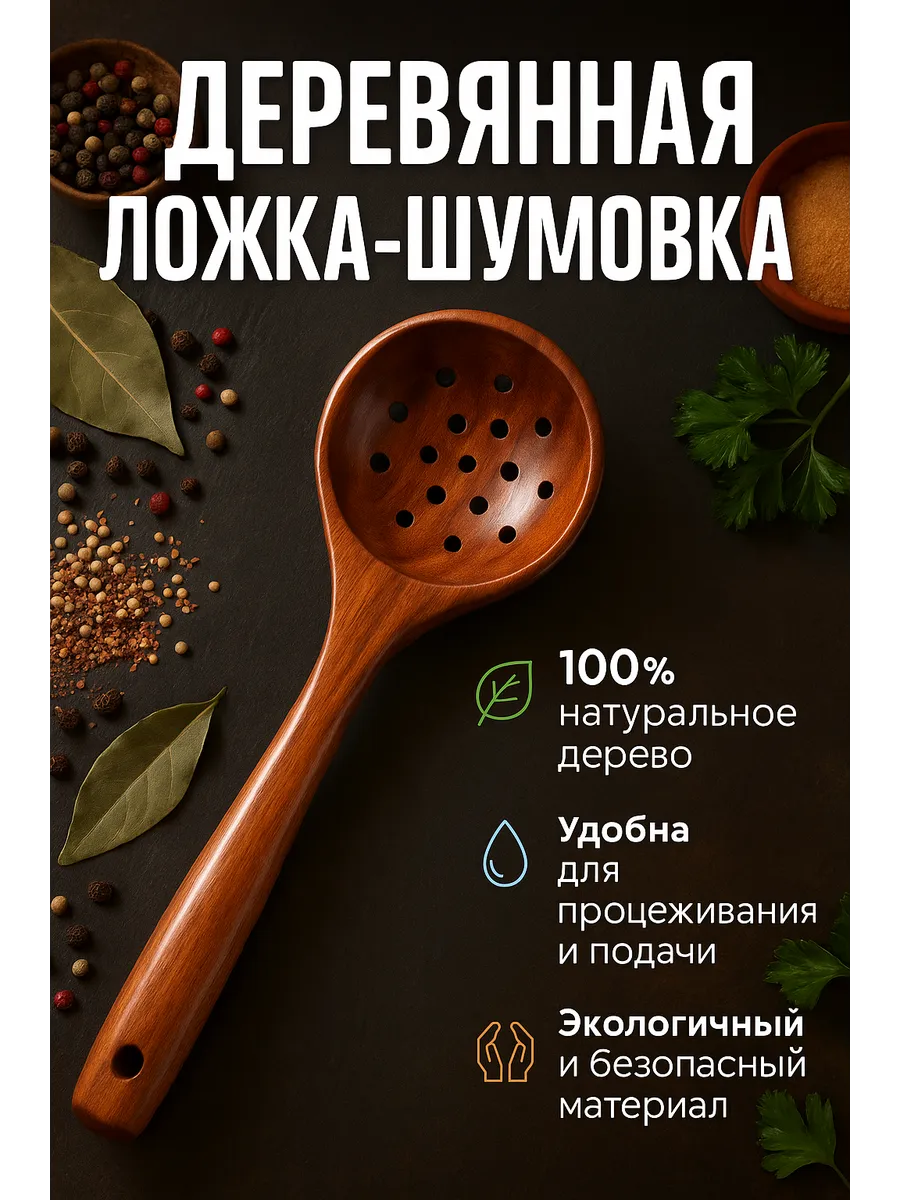 Ай / Половник-шумовка из дерева для супа и компота