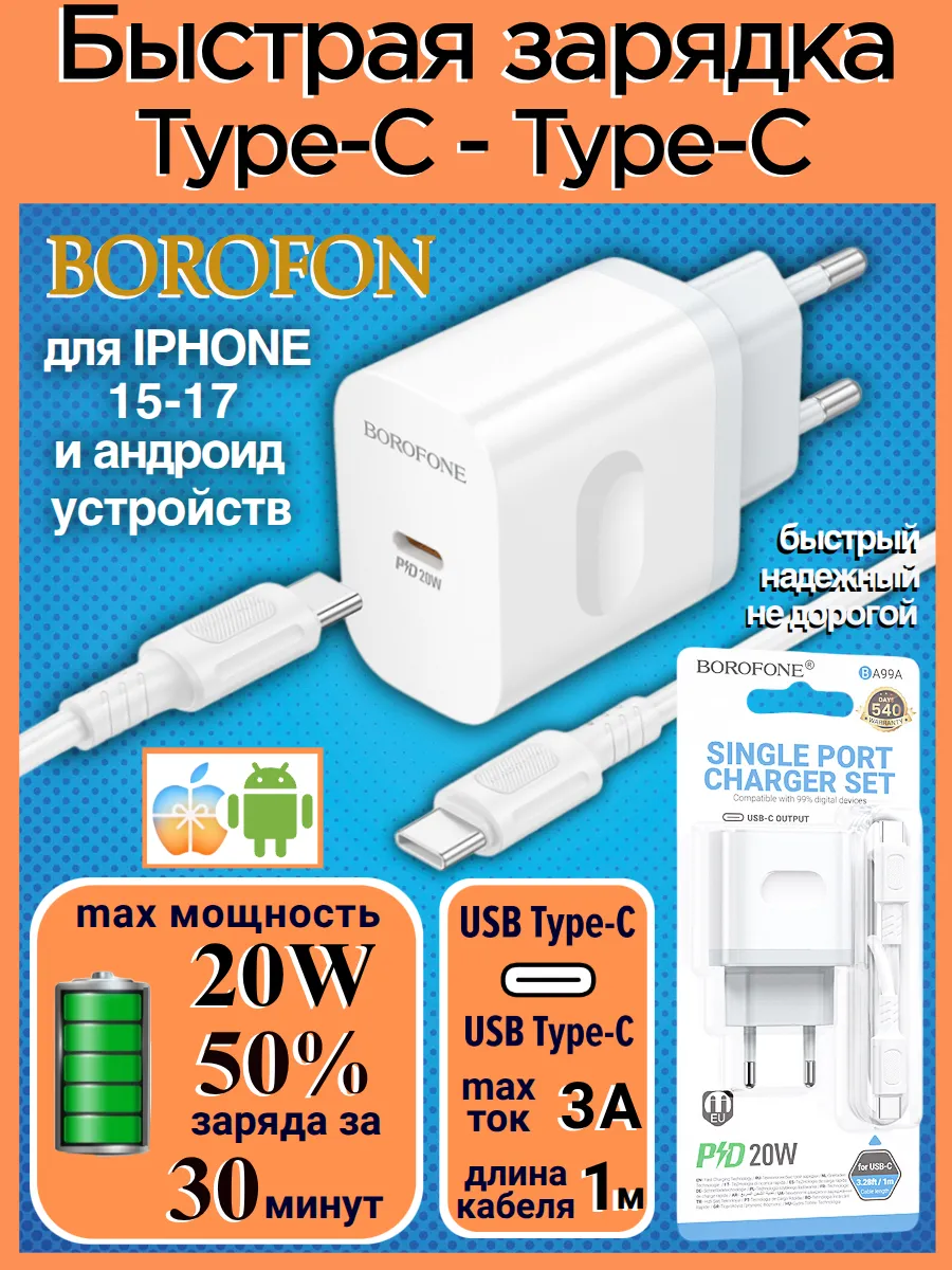 Borofone / Зарядное устройство Type-C 20W для Андроид и айфон 15-17