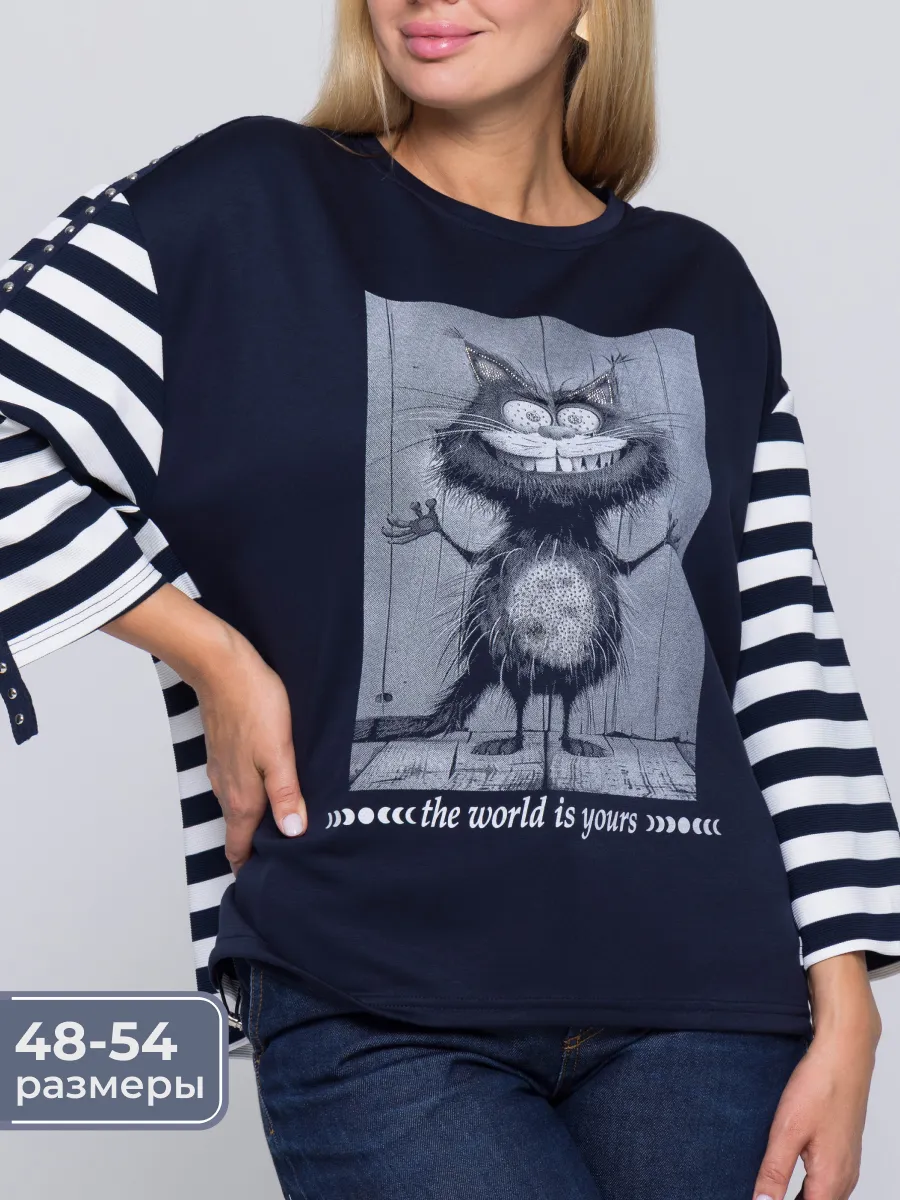 PrettyThings / Футболка с принтом смешной кот с рукавами 3 4