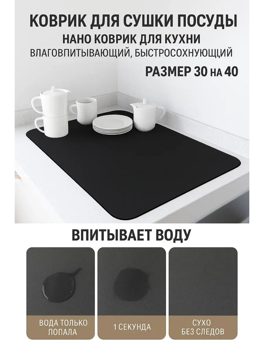 ОКЕН / Коврик для сушки посуды быстро сохнущий антискользящий