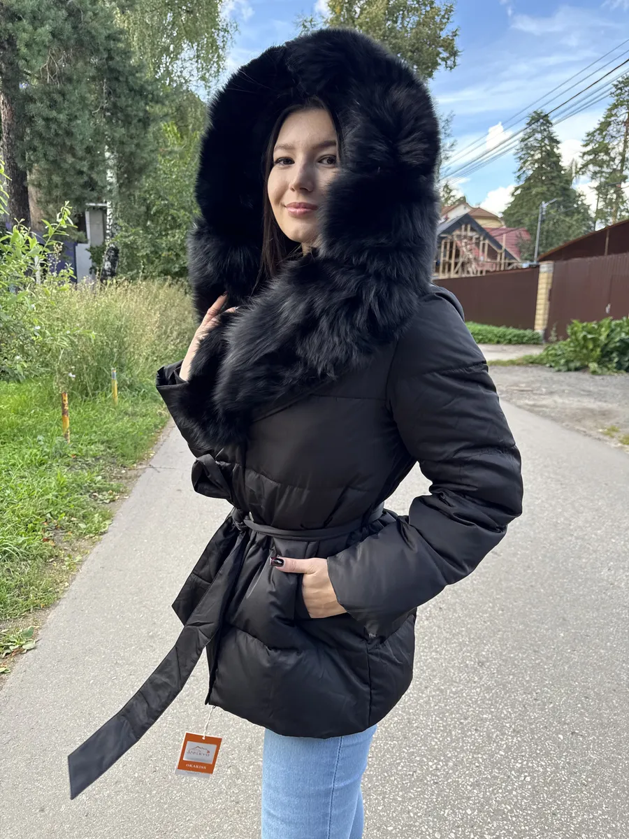 Пуховик зимний с поясом мех песца