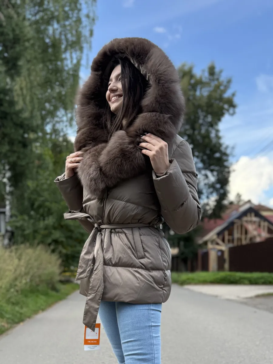 Пуховик зимний с поясом мех песца