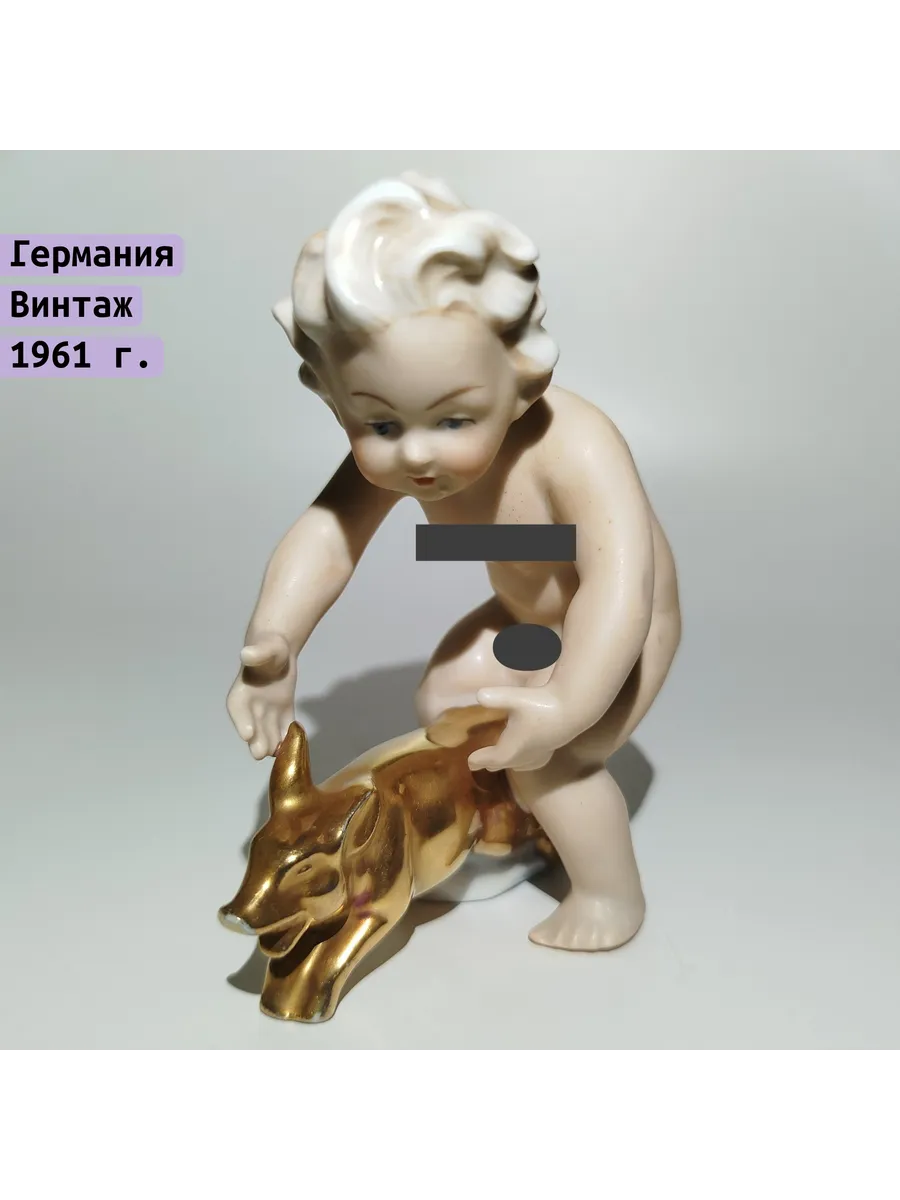 Однажды / Статуэтка "Путти с золотым поросенком", фарфор, роспись
