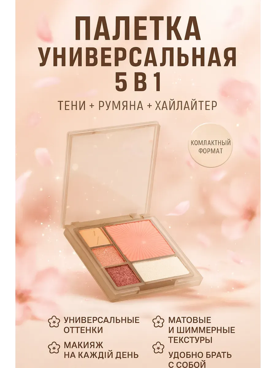 Мани / Палетка теней для век и румяна 5 в 1 универсальные