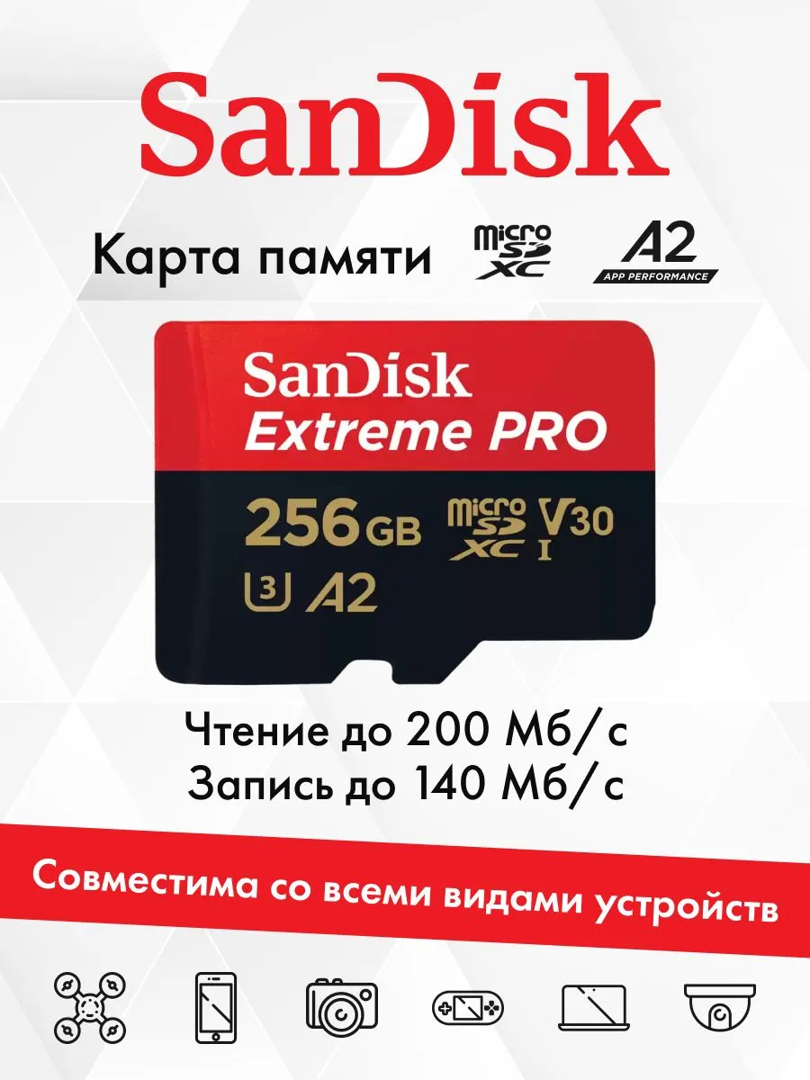 Карта SanDisk Extreme PRO 256GB microSD 200 140 Mb s с