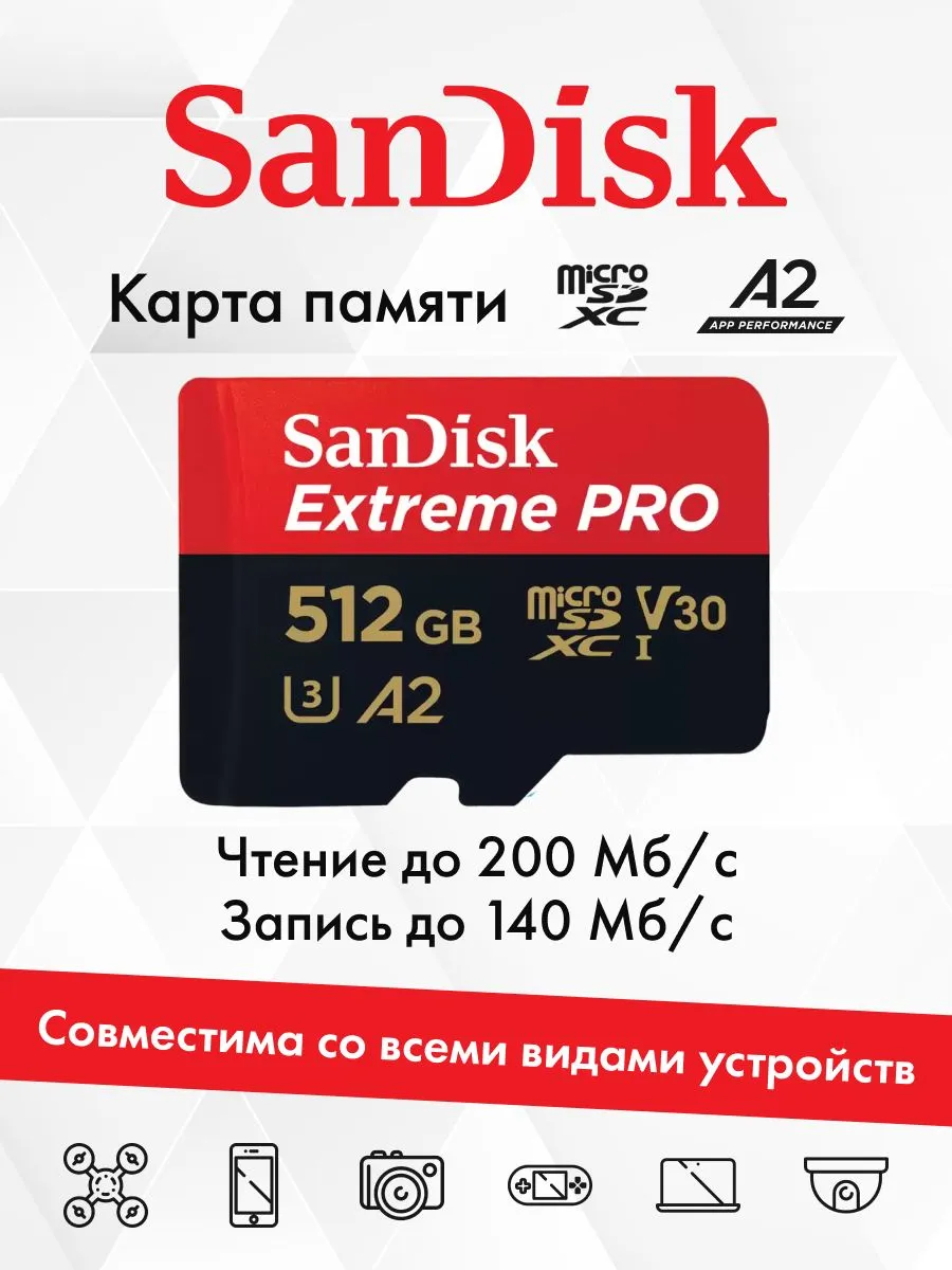Карта SanDisk Extreme PRO 512GB microSD 200 140 Mb s с
