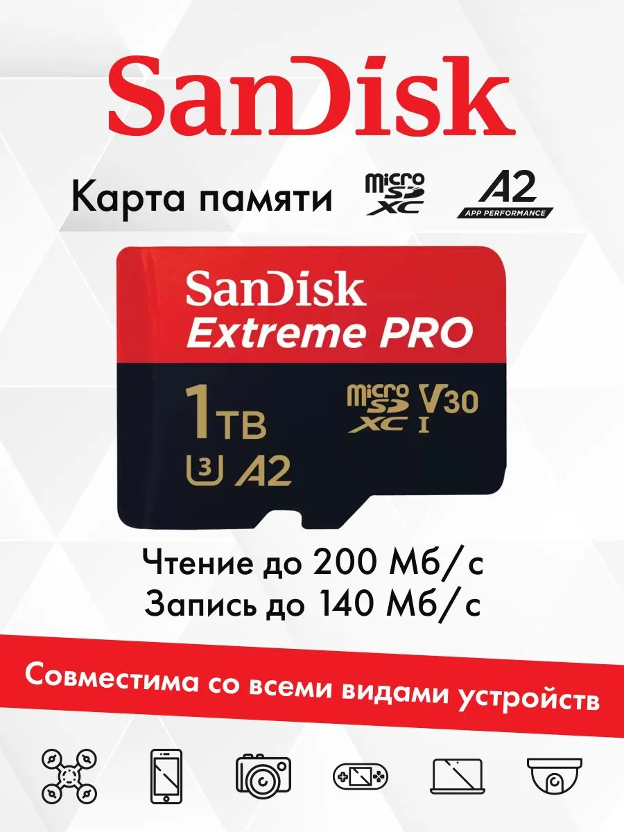 Карта SanDisk Extreme PRO 1TB microSD 200 140 Mb s с