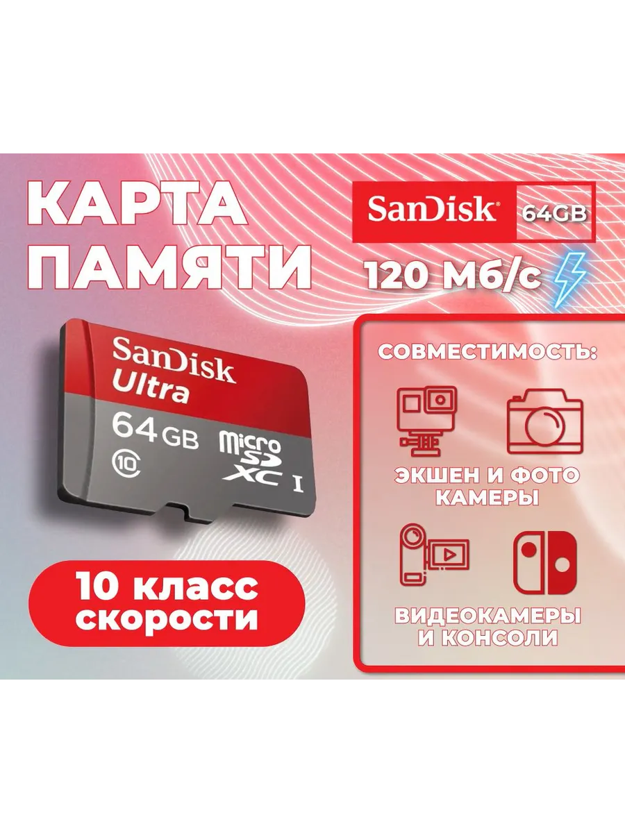 SanDisk 64 ГБ Карта памяти microSDXC, microSD Ultra Class -