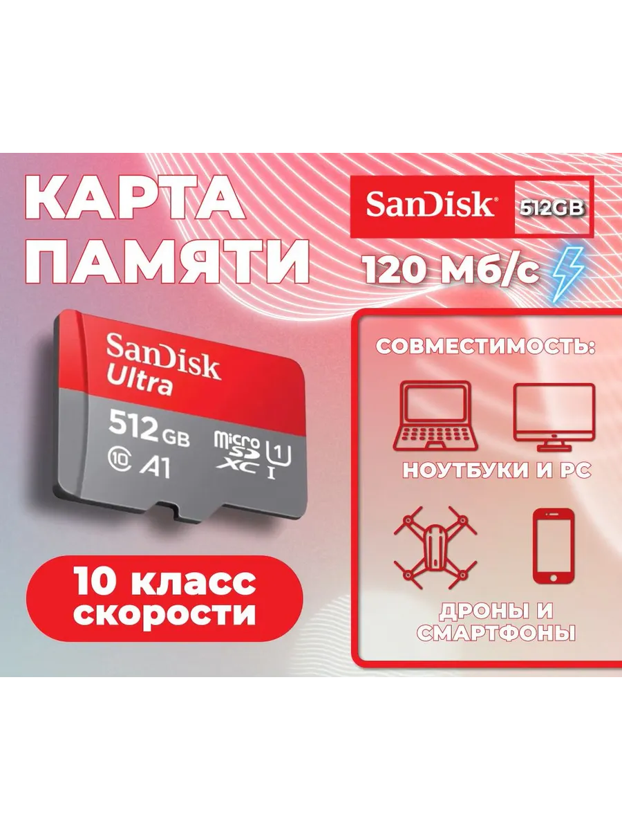 SanDisk 512 ГБ Карта памяти microSDXC, microSD Ultra Class -