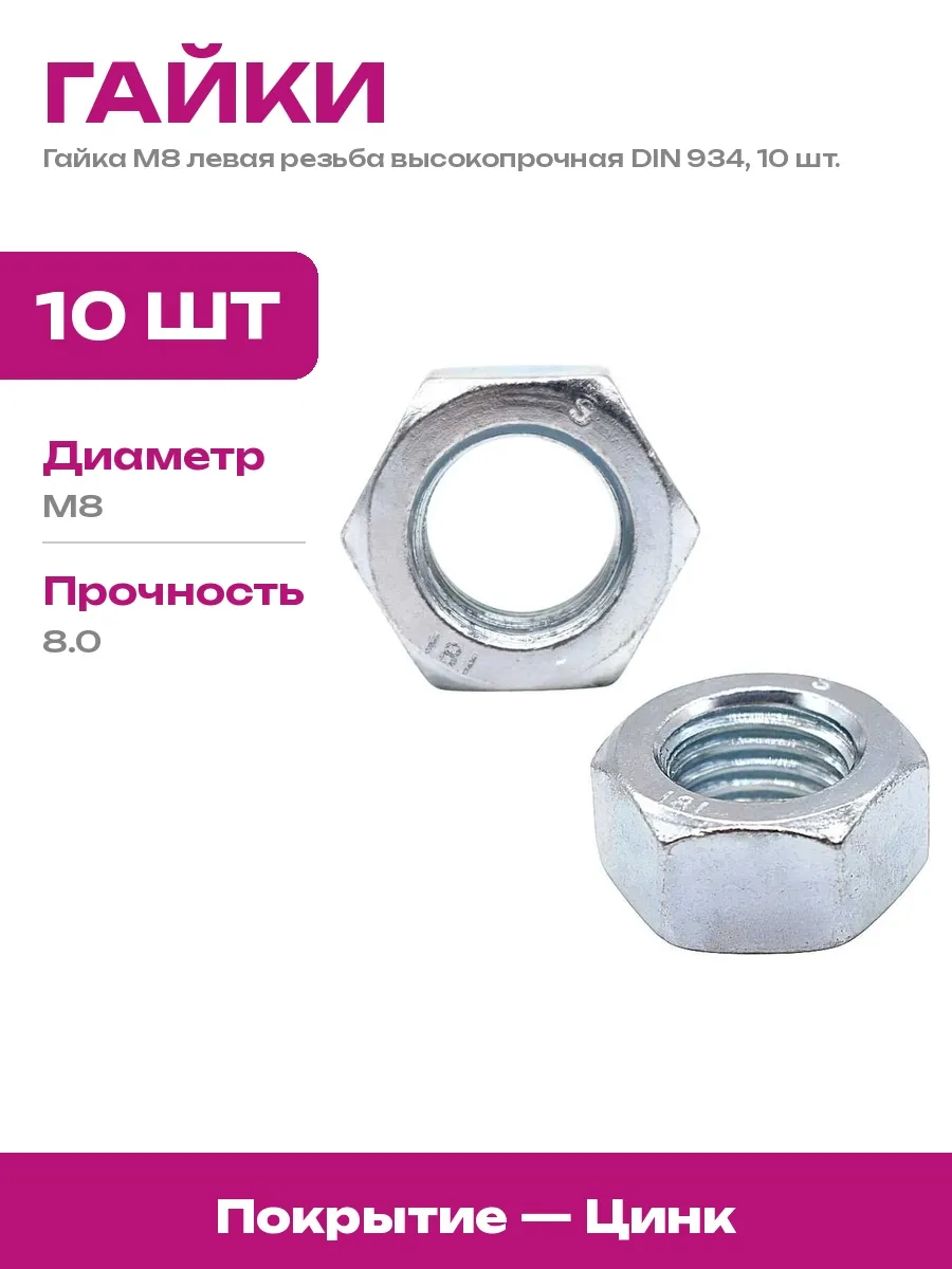 23 БОЛТА / Оцинкованная гайка М8 левая резьба сталь кл. 8 DIN934 10 шт
