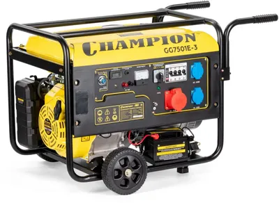 Бензиновый генератор CHAMPION GG7501E-3, 380/220/12 В, 8.1кВт, на колёсах с АКБ