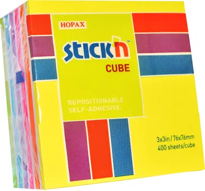 Блок самоклеящийся бумажный STICK`N 21539, 76x76, 400 л, 7 цв, неон+пастель