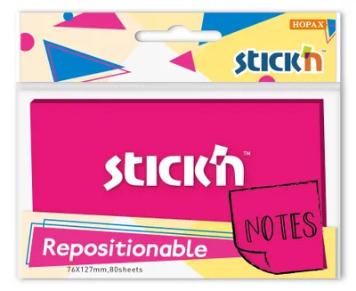 Блок самоклеящийся бумажный STICK`N 27079, 76x126, 80 л, 1 цв, пурпурный неон