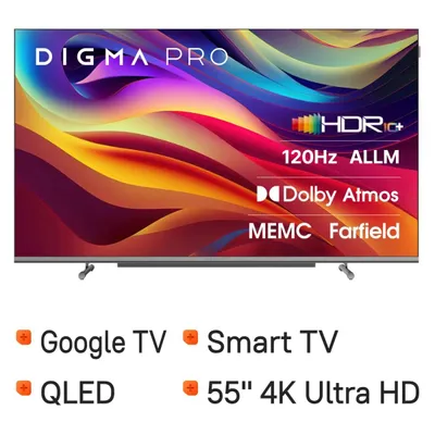 55" Телевизор DIGMA PRO QLED 55L QLED, 4K Ultra HD, СМАРТ ТВ, Google TV, черный