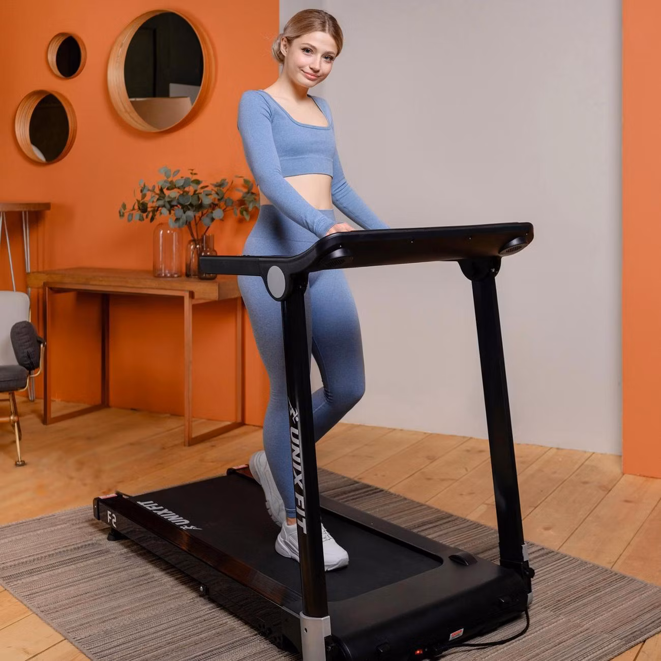 Беговая дорожка для дома UnixFit высокотехнологичная / Hi-tech F2 темно-серый складная, бесконтактное управление, пиковая мощность 3 л.с. до 120 кг, скорость 1-16 км/ч, угол наклона 0-15%