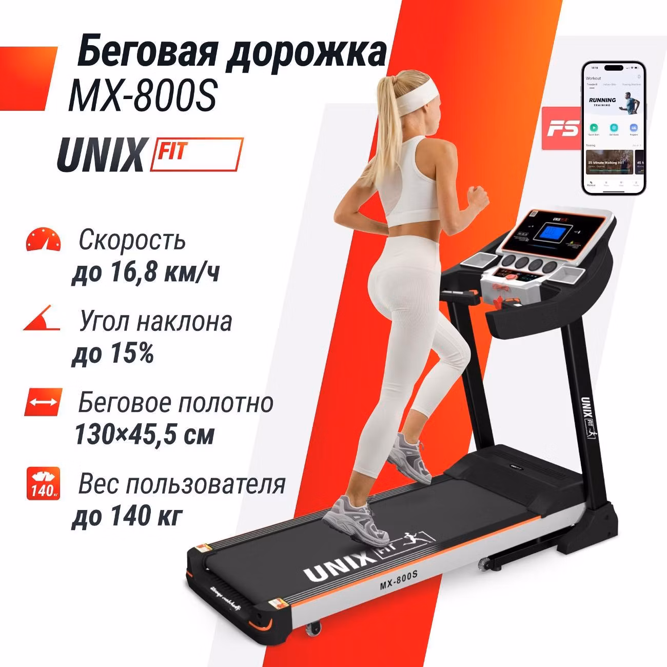 Беговая дорожка для дома UnixFit MX-800S складная, пиковая пиковая мощность 4.0 л.с, до 140 кг, беговое полотно 130x45.5 см, скорость 0.8 - 16.8 км/ч, угол 0-15%