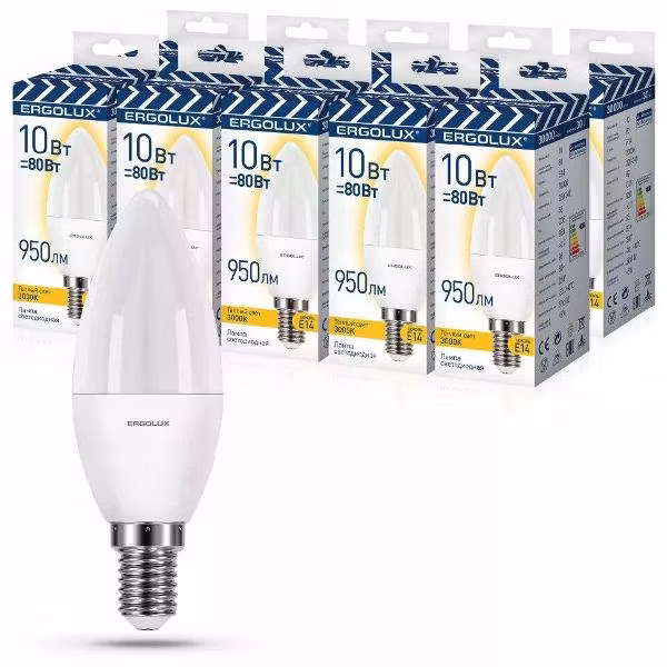 Лампочка Ergolux LED-C35-10W-E14-3K (10 шт.)