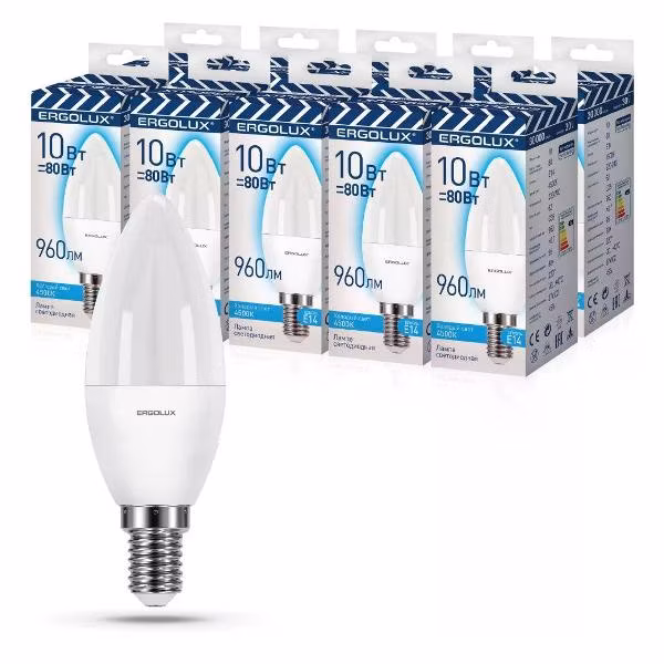 Лампочка Ergolux LED-C35-10W-E14-4K (10 шт.)