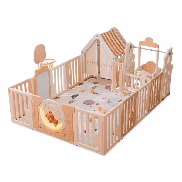 Большой детский игровой манеж, комплекс с качелями UNIX Kids люксовый дом / DeLuxe House 150x180 из пластика, с игровым домиком, баскетбольной стойкой, доской для рисования, для дома и улицы, бежевый
