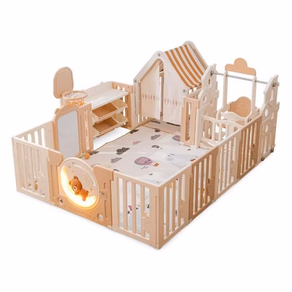 Большой детский игровой манеж, комплекс с качелями UNIX Kids люксовый дом с местом для хранения / DeLuxe House&Storage 150x180 из пластика, с домиком, баскетбольной стойкой, бежевый