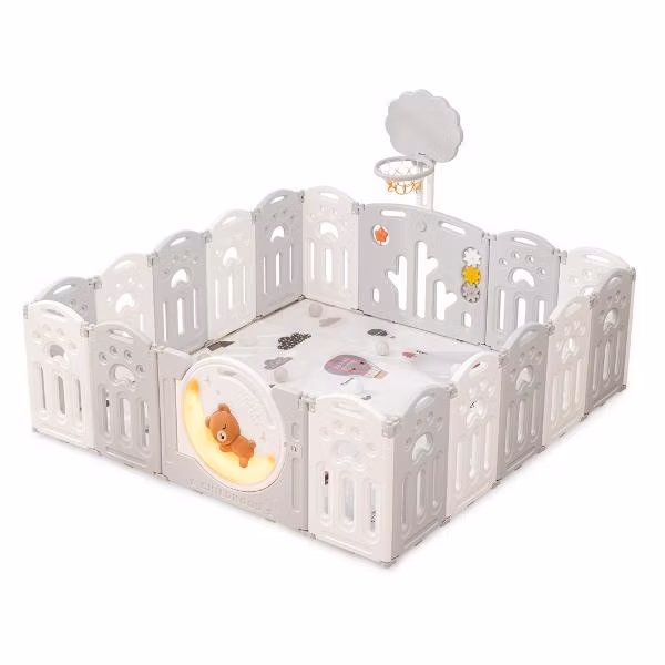 Большой детский игровой манеж, комплекс UNIX Kids люксовый / DeLuxe 150x180 см из пластика, с баскетбольной стойкой, ковриком, для дома и улицы, серый, белый