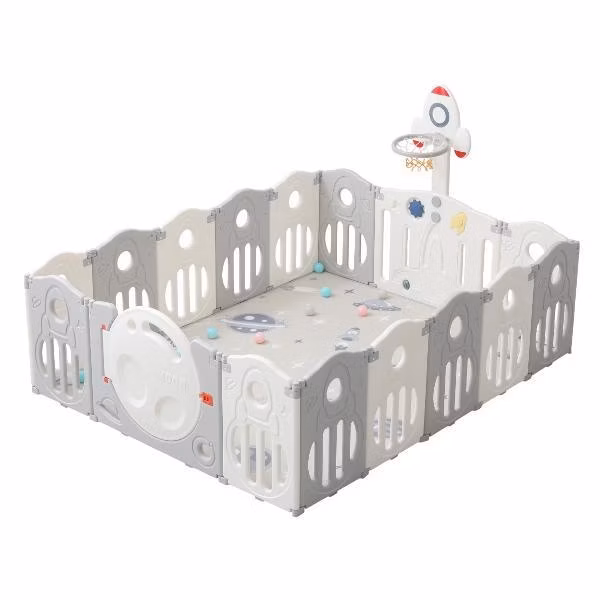 Большой детский игровой манеж, комплекс UNIX Kids Космос / SUPREME Space 200x200 из пластика, с ковриком, горкой, баскетбольным кольцом, для дома и улицы, серый, молочный