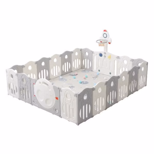 Большой детский игровой манеж, комплекс UNIX Kids Космос / SUPREME Space 200x240 из пластика, с ковриком, горкой, баскетбольным кольцом, для дома и улицы, серый, молочный