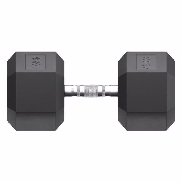 Гантель гексагональная UnixFit обрезиненная 45 кг, прорезиненная спортивная гантеля с металлической ручкой литая неразборная, 1 шт.