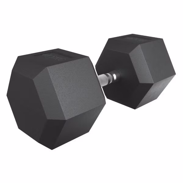 Гантель гексагональная UnixFit обрезиненная 47,5 кг, прорезиненная спортивная гантеля с металлической ручкой литая неразборная, 1 шт.