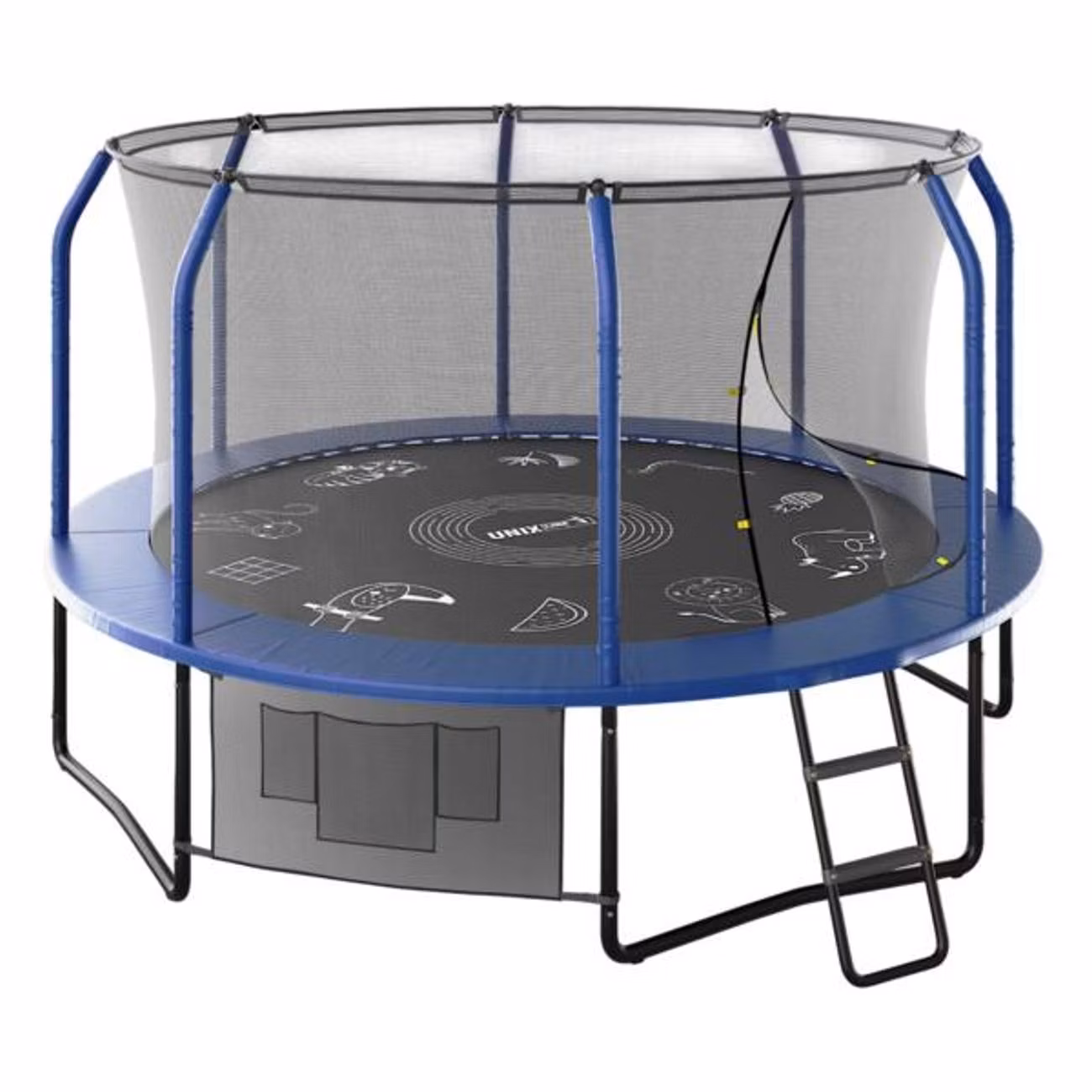 Батут UNIX line Премиальный с играми / Supreme Game 12 ft, общий диаметр 366 см, до 160 кг, диаметр прыжковой зоны 310 см, в комплекте лестница, мелки, синий