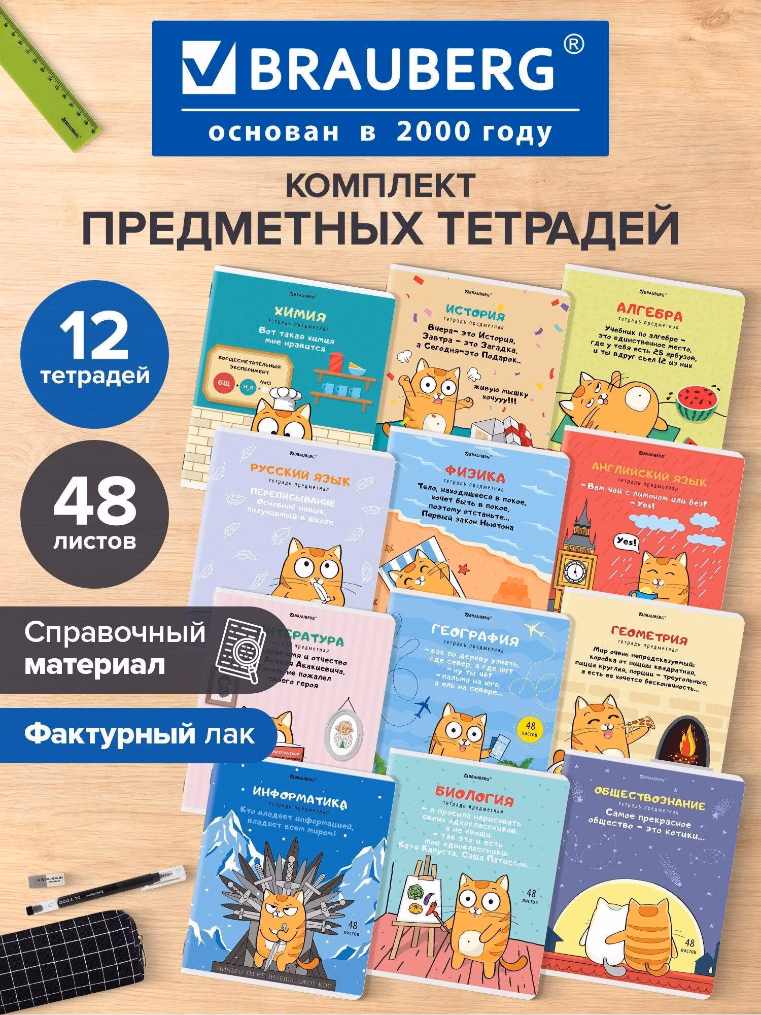 Тетрадь Brauberg Предметные тетради 48 листов набор со справочным материалом, в клетку и линейку, Комплект 12 Предметов, Кот-энтузиаст, Twin лак, 404609