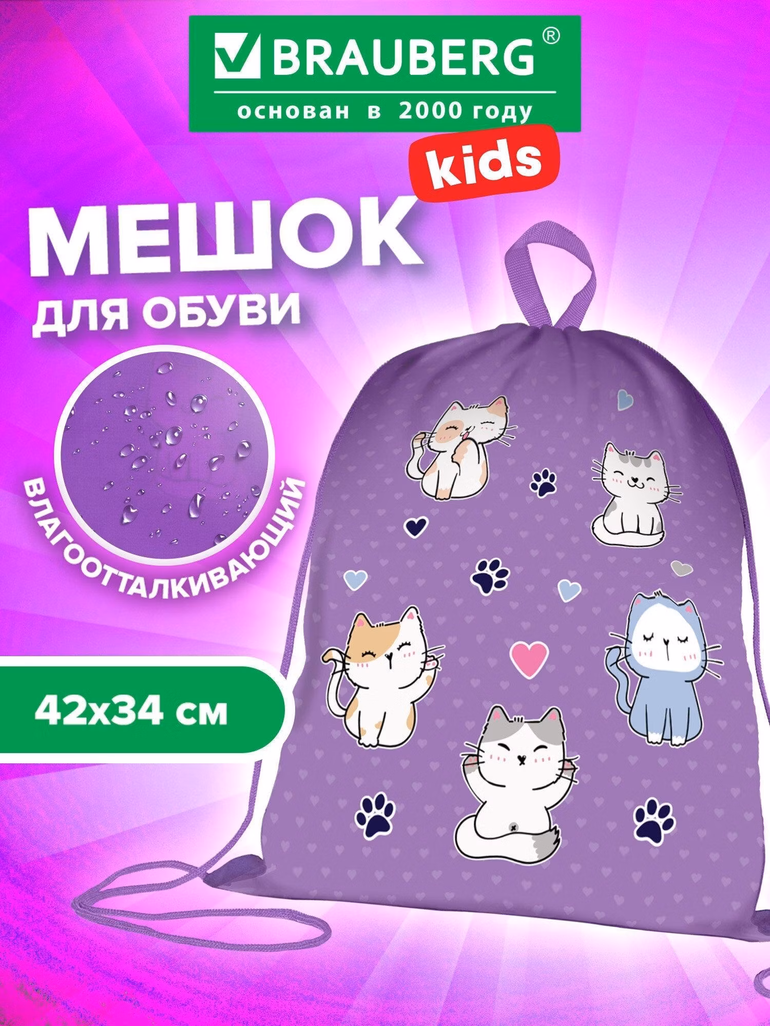 Мешок для обуви Brauberg для девочек, для сменки в школу, чехол детский плотный с петлей, 42х34 см Kids Playing kittens, 272413