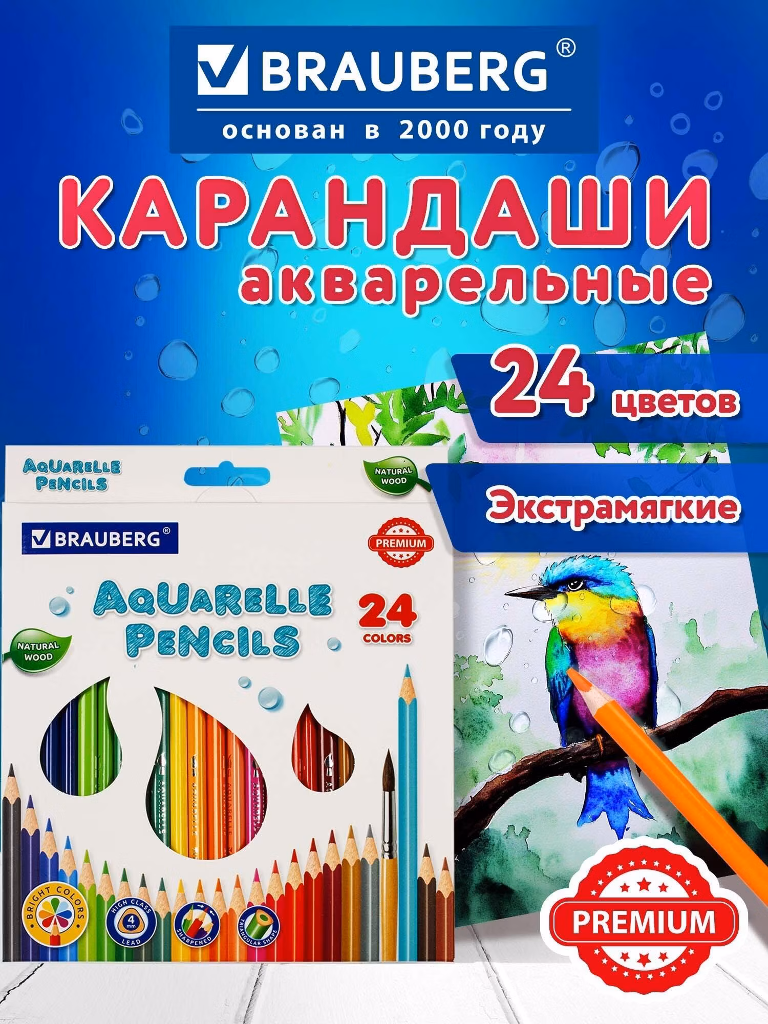 Карандаши цветные Brauberg цветные акварельные Premium Aquarelle, 24 цвета, грифель мягкий 4 мм, 181673