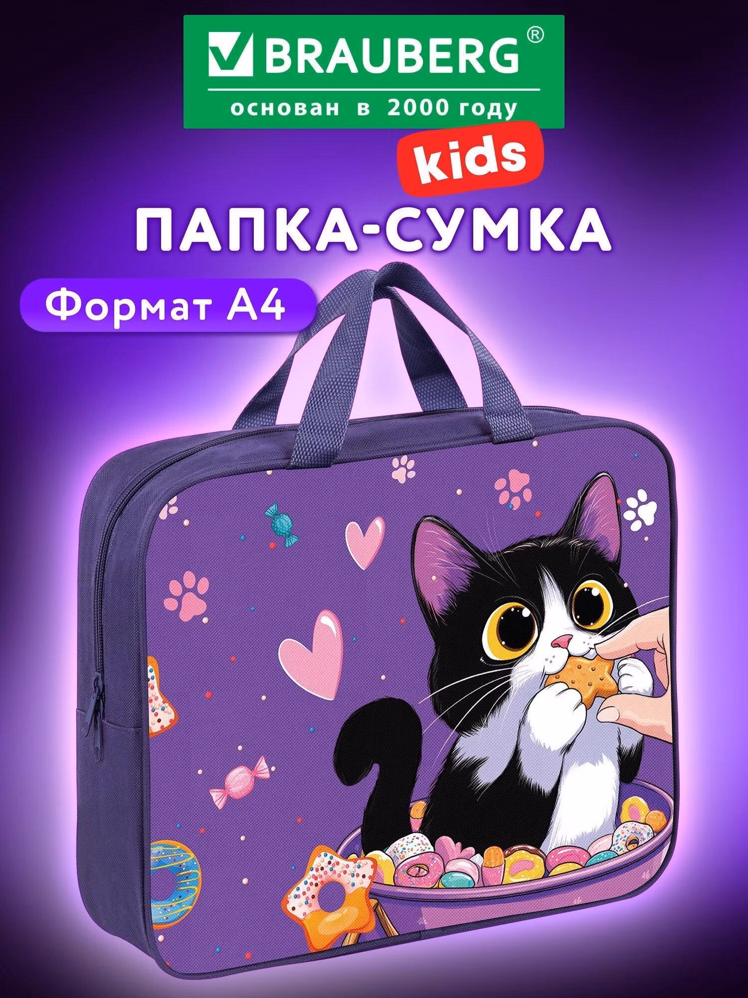 Папка Brauberg для тетрадей, труда, рисования и изо А4 для девочек на молнии с ручками, канцелярия для школы, 1 отделение ширина 80 мм Kids Sweet cheeks, 272120