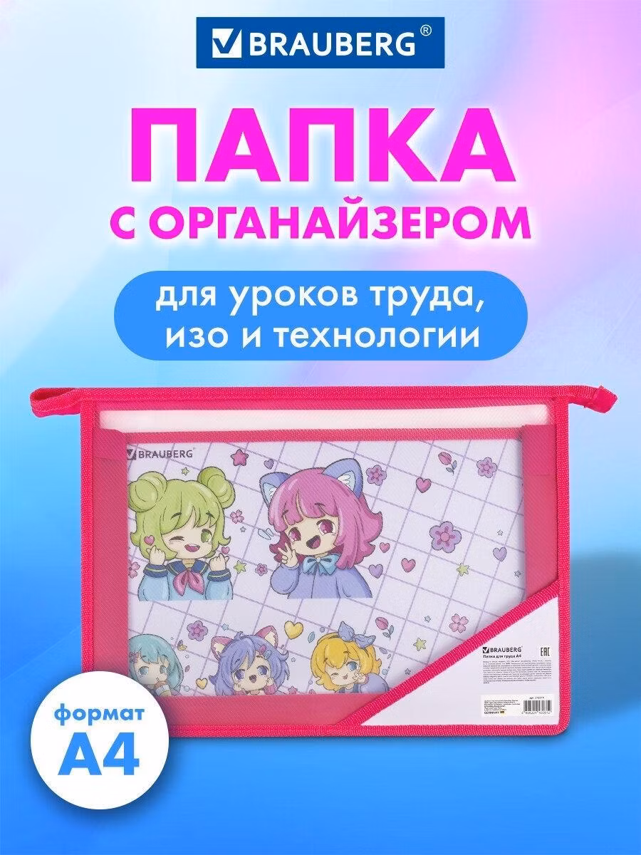 Папка для тетрадей Brauberg для тетрадей, труда, рисования и изо А4 для девочек на молнии, канцелярия для школы аниме, органайзер 2 отделения пластик Anime Party, 272214