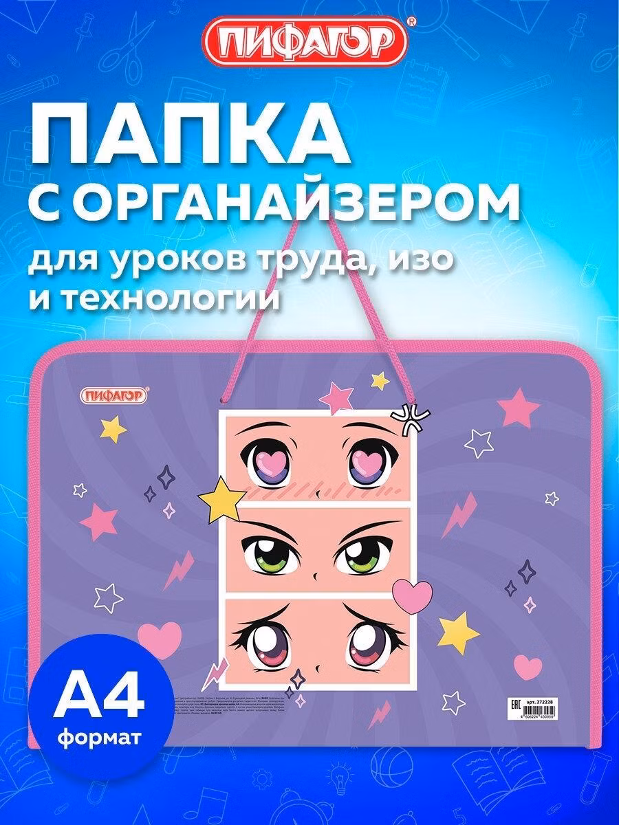 Папка для тетрадей Пифагор для тетрадей, труда, рисования и изо А4 для девочек на молнии с ручками, канцелярия для школы аниме, органайзер 1 отделение пластик Anime eyes, 272228