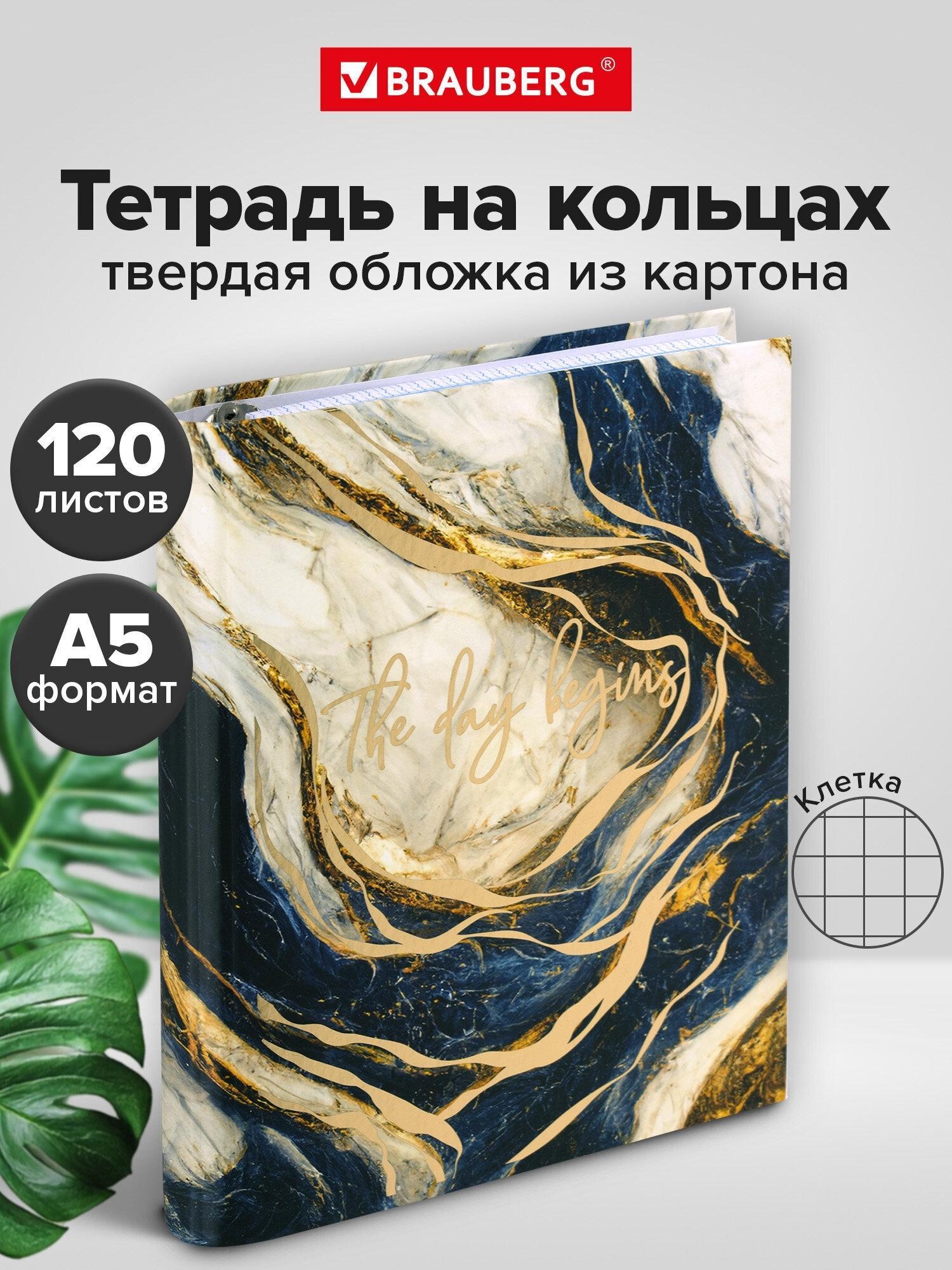 Тетрадь Brauberg на кольцах А5 в клетку со сменным блоком 175х215 мм, 120 листов, твердый картон Marble, 404719