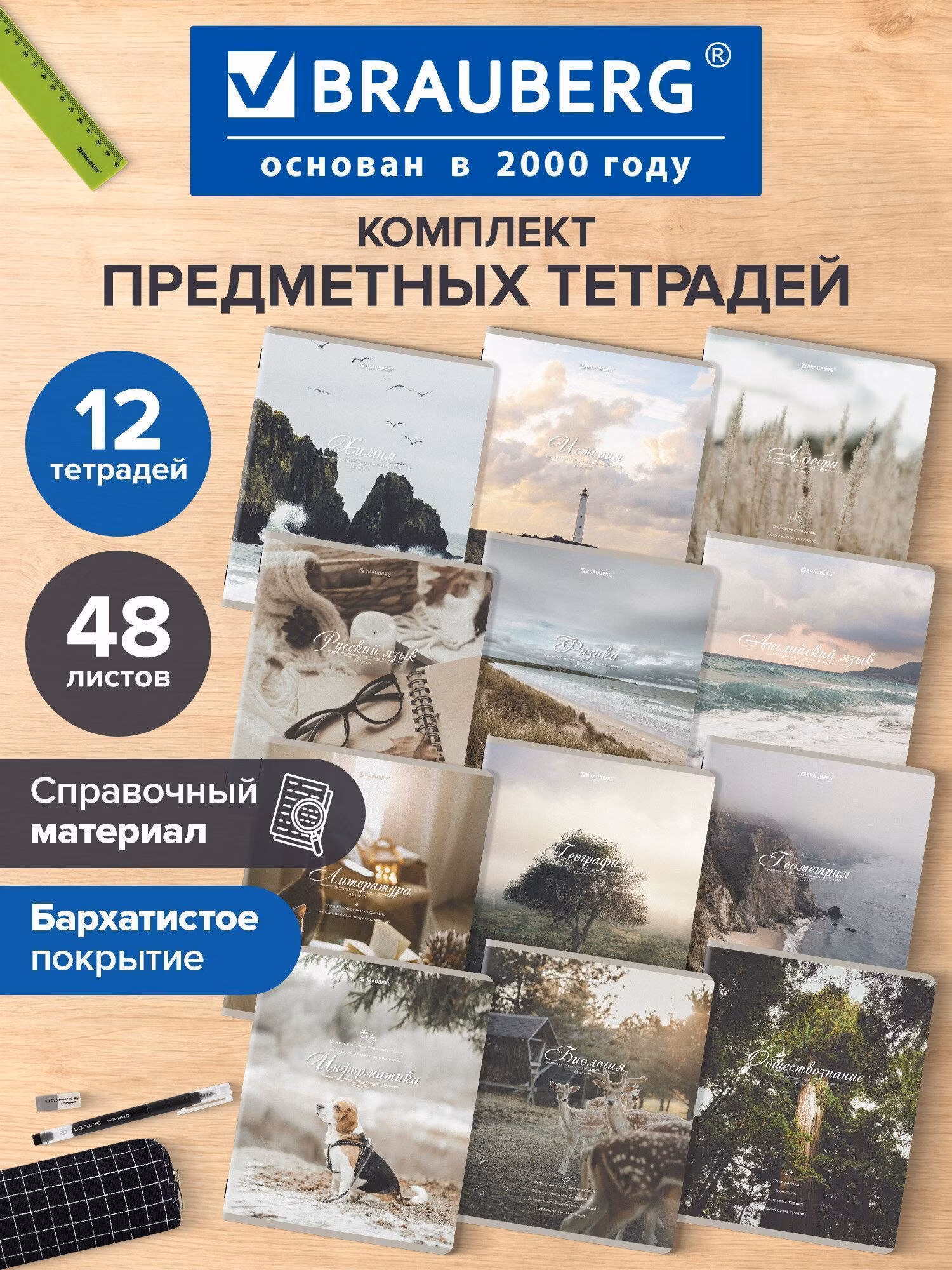 Тетрадь Brauberg Предметные тетради 48 листов набор A5 в клетку и линейку 12 штук, SoftTouch, мягкая с рисунком Esthetics, 404833