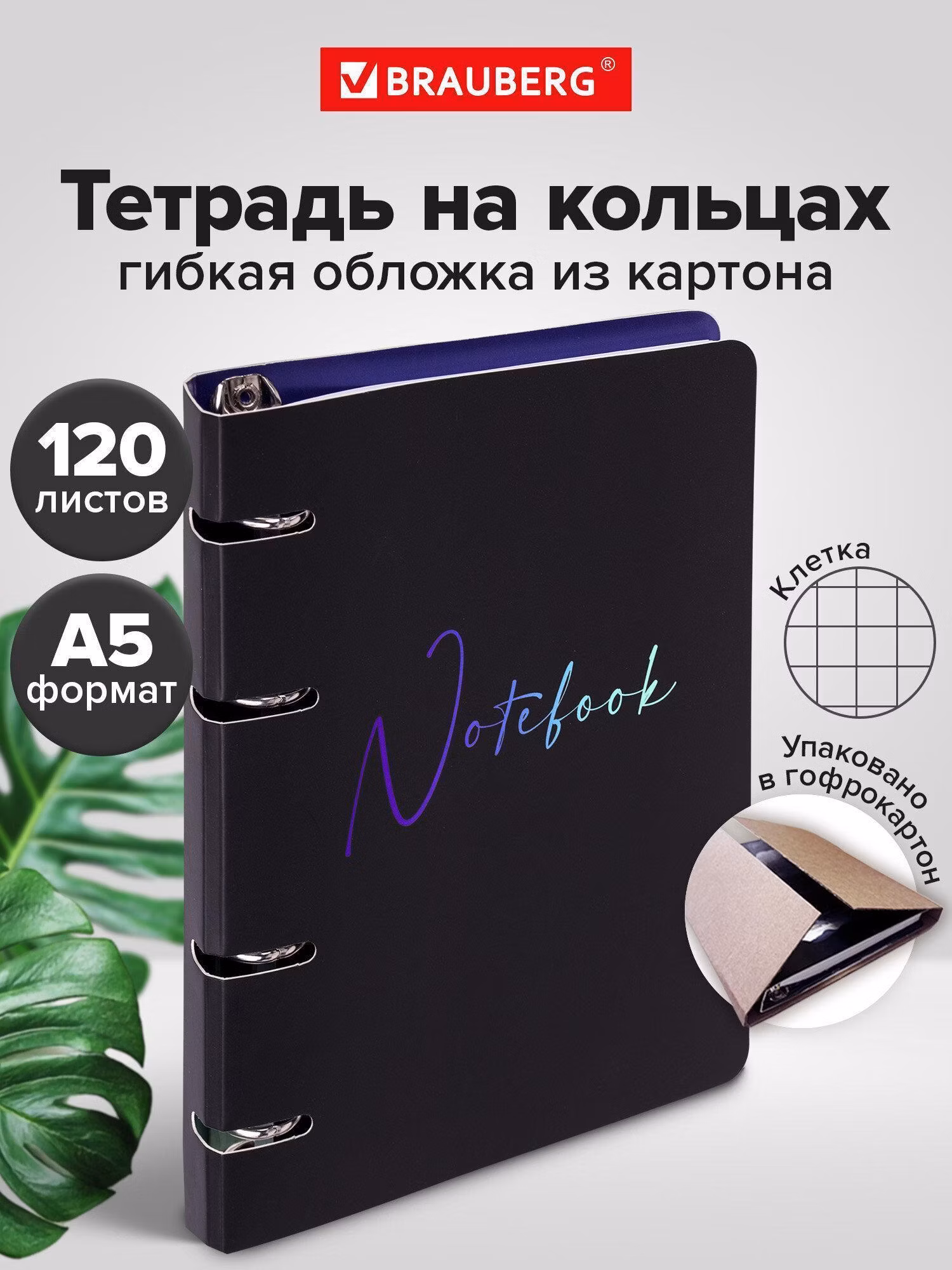 Тетрадь Brauberg на кольцах А5 в клетку со сменным блоком 160х212 мм, 120 листов, картон Notebook, 404732