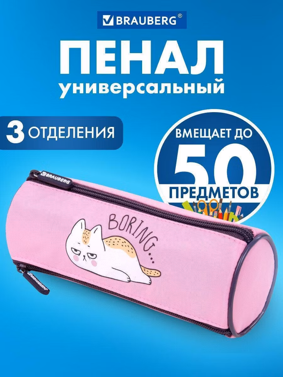 Пенал Brauberg косметичка школьный для девочек, для карандашей и ручек с 3 отделениями, канцелярия для школы, 21х7х7 см, нейлон Lazy cat, 272306
