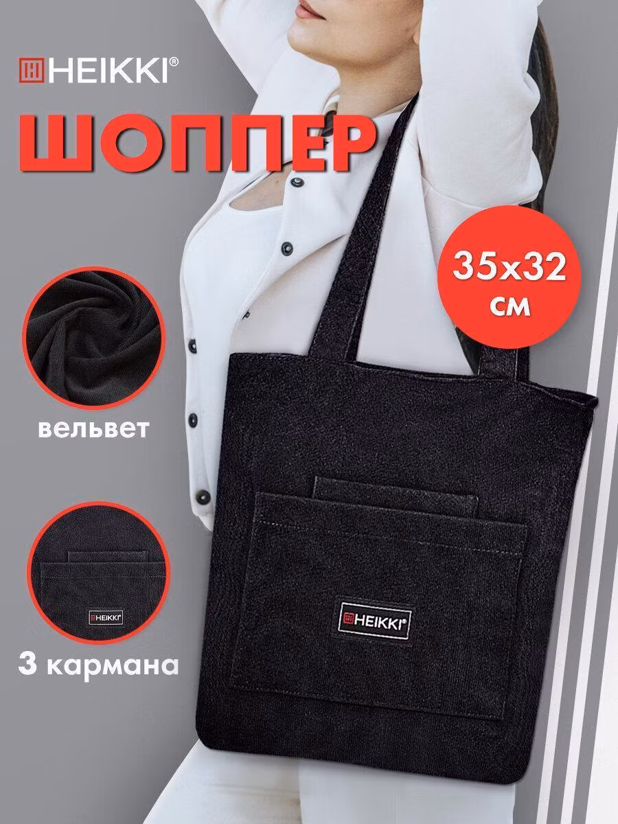 Сумка шоппер HEIKKI VELVET (ХЕЙКИ), вельвет, карманы, 35х32 см, черный, 272437