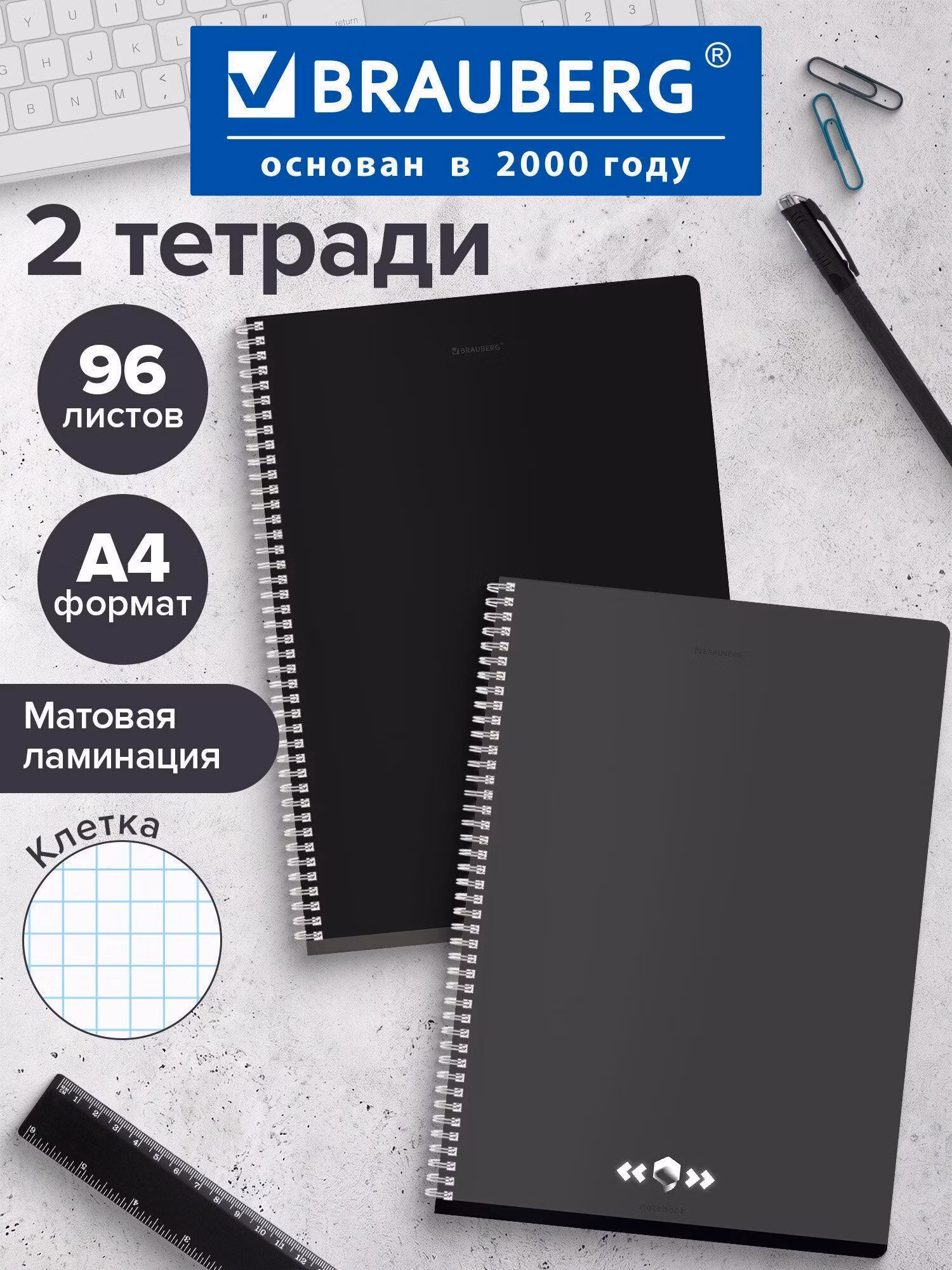 Тетрадь Brauberg А4 в клетку 96 листов на пружине общая, набор 2 штуки, матовая Обложкаа, 404870