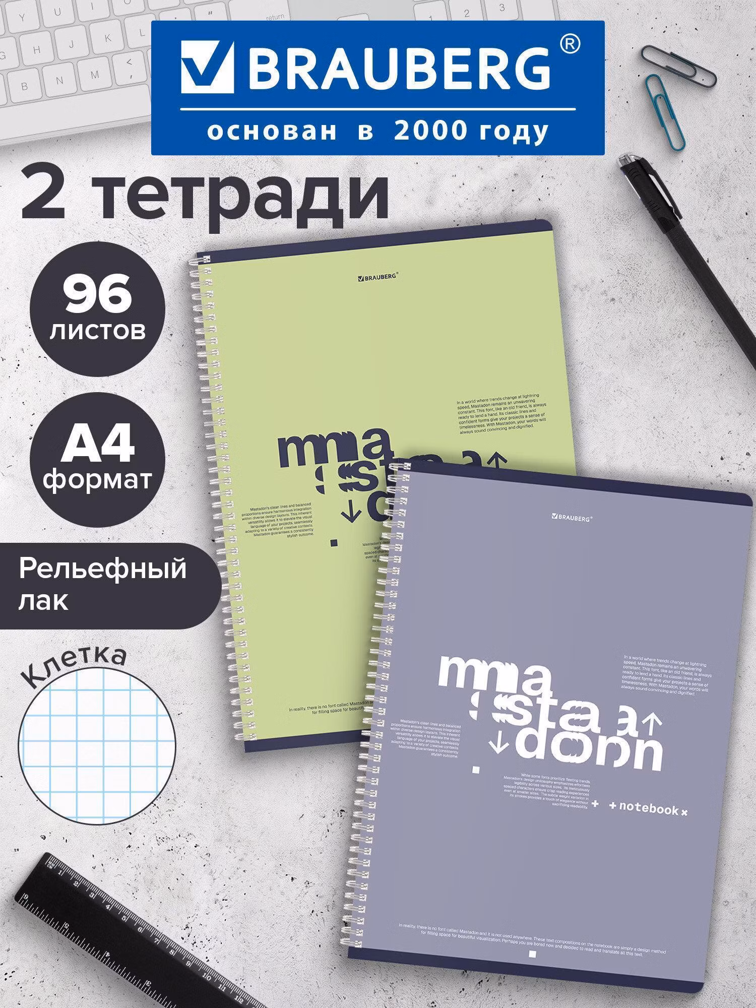 Тетради ДЭК А4 96л. КОМПЛЕКТ 2 шт. BRAUBERG гребень, клетка, TWIN-лак, Моноколор_2, 404876