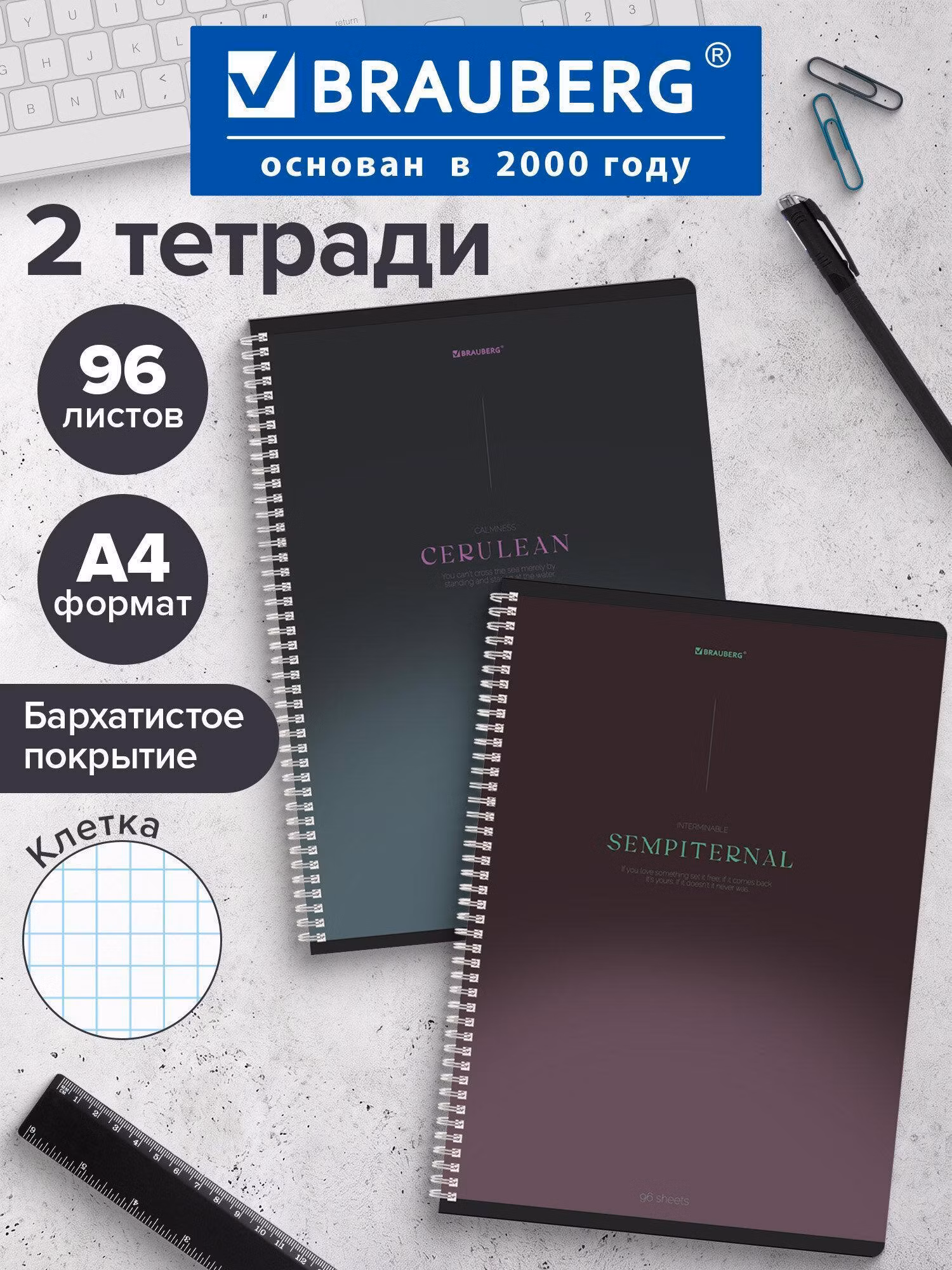 Тетради ДЭК А4 96л. КОМПЛЕКТ 2 шт. BRAUBERG гребень, клетка, SoftTouch, Peaceful, 404875