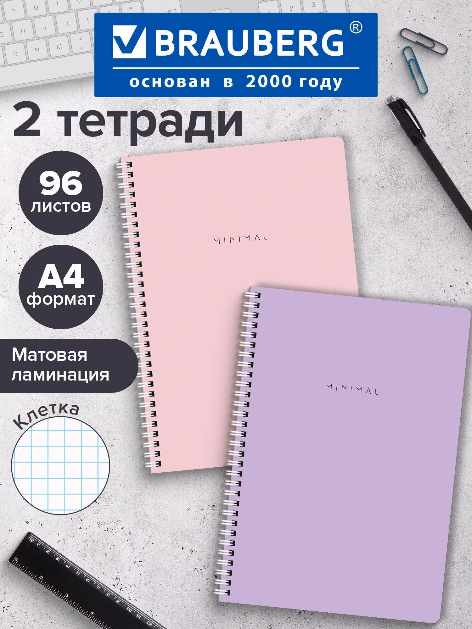 Тетрадь Brauberg А4 в клетку 96 листов на пружине общая, набор 2 штуки, матовая Minimal Pastel, 404879