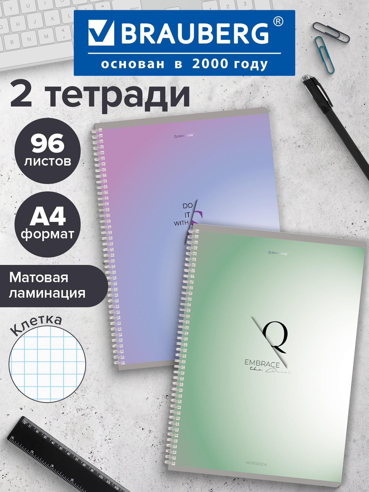 Тетрадь Brauberg А4 в клетку 96 листов на пружине общая, набор 2 штуки, матовая Обложкаа, 404877