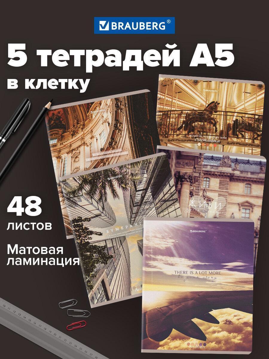 Тетради ДЭК А5 48л. КОМПЛЕКТ 5 шт. BRAUBERG скоба, клетка, матовая ламинация, GRACE, 404935