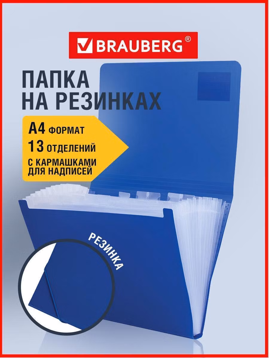 Папка Brauberg на резинках для документов канцелярская пластиковая формата А4 "Business", 13 отделений, синяя, 224146