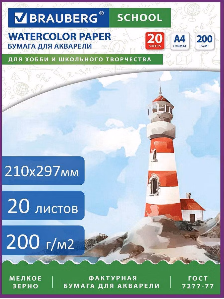 Папка для акварели ДЭК А4, 20л., 200 г/м2, индивидуальная упаковка, BRAUBERG SCHOOL, 114301