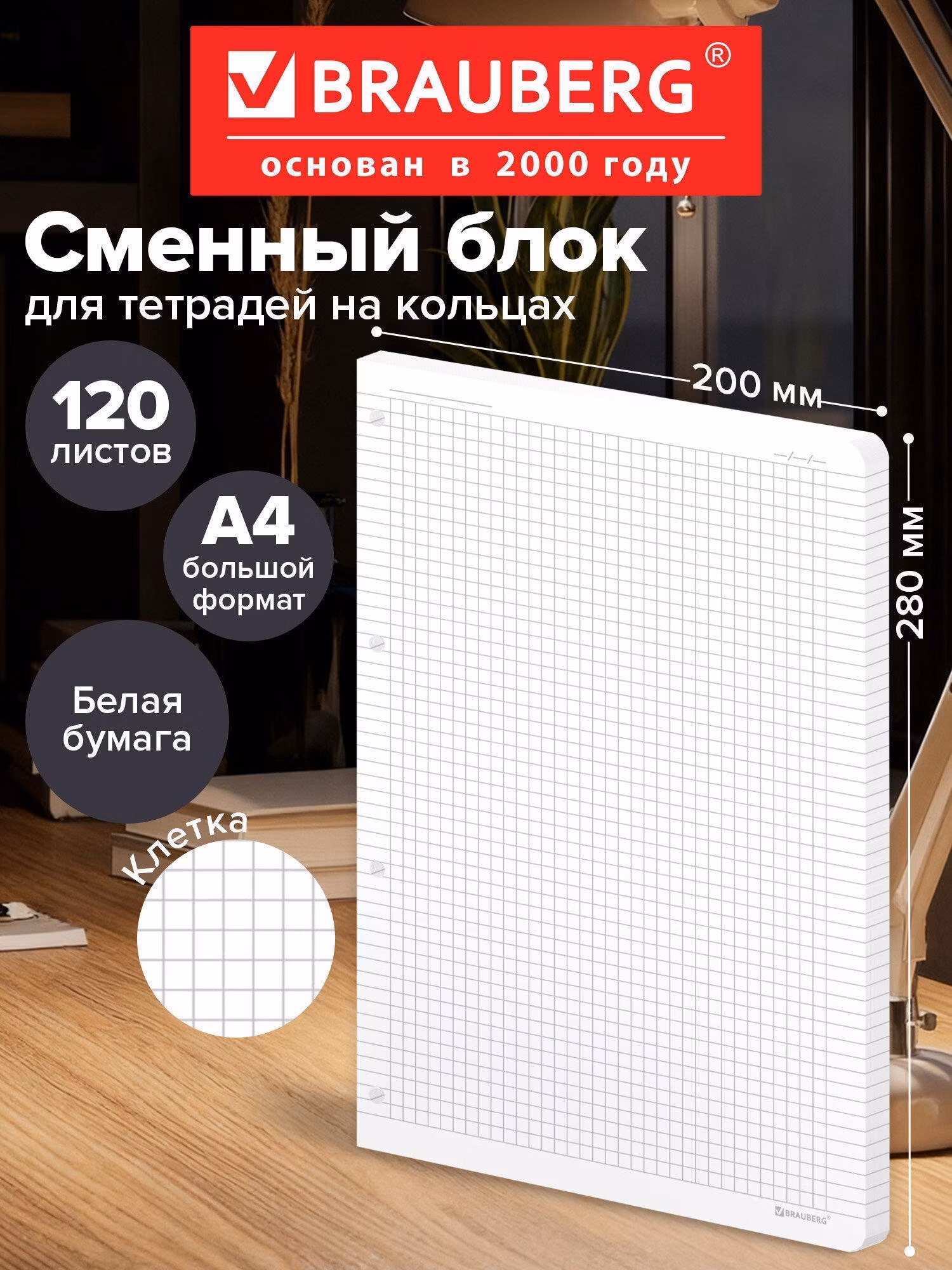 Сменный блок для тетради Brauberg Сменный блок / листы для тетрадей на 4 кольцах формата А4 120 листов, Повышенной Плотности, белый, 404516